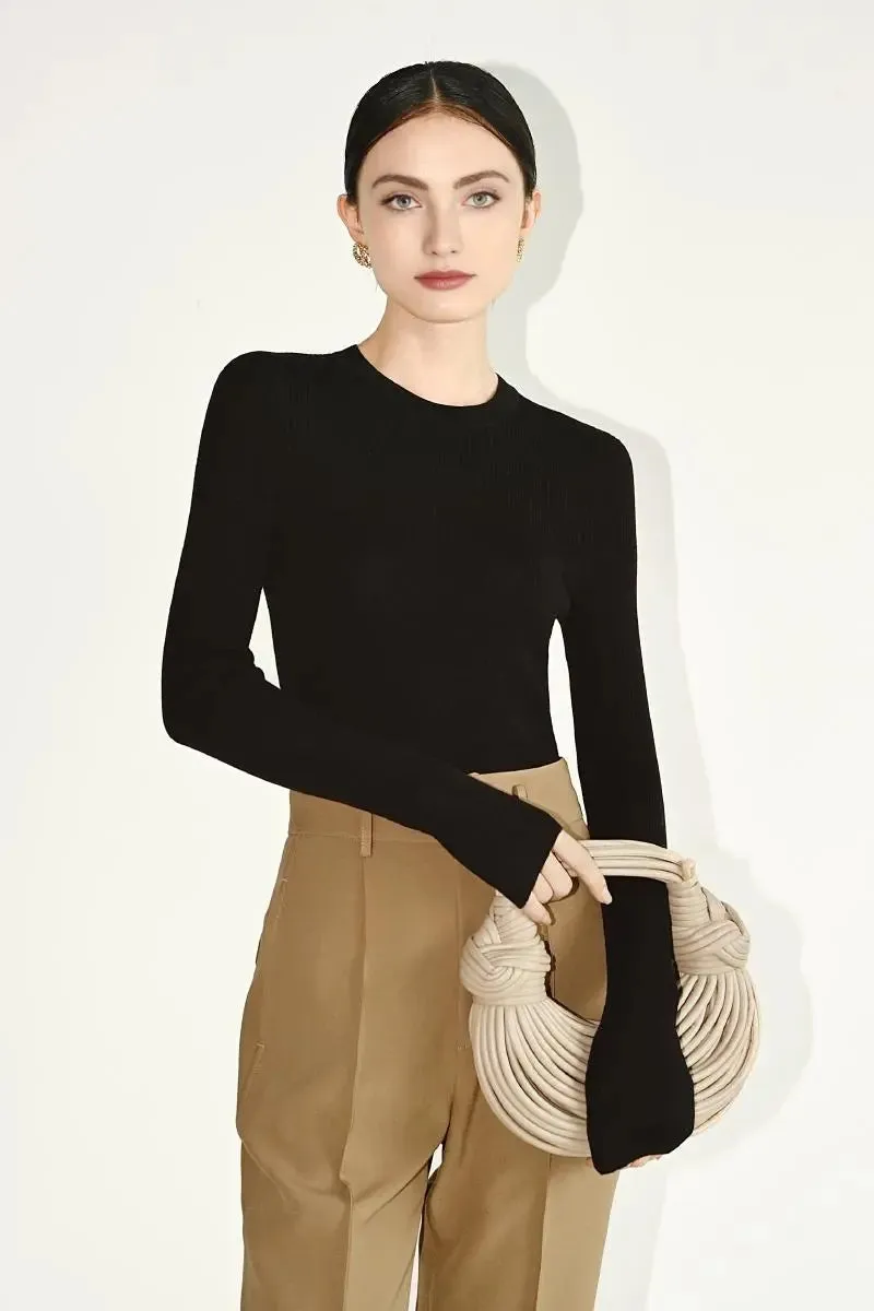 100 Merino Wool Seamless Knit Crewneck Sweater