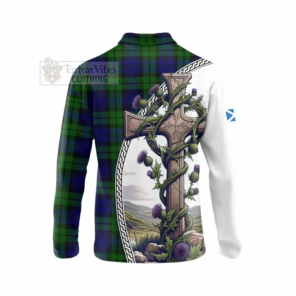 Bannatyne Tartan Long Sleeve Polo Shirt with Family Crest and St. Andrew's Cross Accented by Thistle Vines