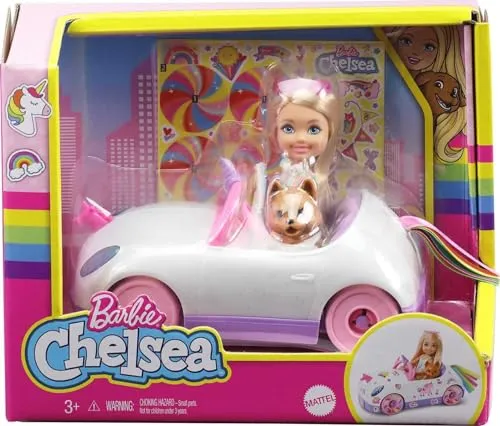 Barbie Chelsea Doll & Unicorn Toy Car, Blonde Small Doll in Removable Skirt, Pet Puppy, Sticker Sheet & Accessories