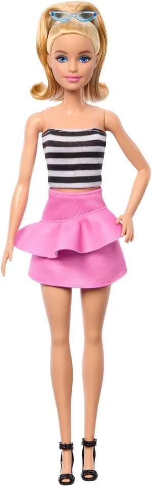 Barbie Fashionistas Doll #213, Blonde With Striped Top, Pink Skirt & Sunglasses, 65th Anniversary