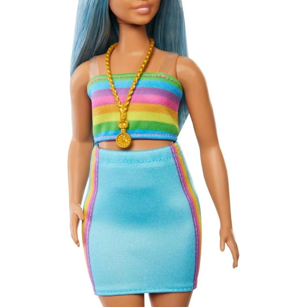 Barbie Fashionistas Doll #218 with Long Blue Hair, Rainbow Top & Teal Skirt, 65th Anniversary Collectible Fashion Doll