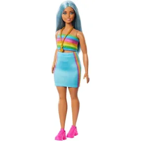 Barbie Fashionistas Doll #218 with Long Blue Hair, Rainbow Top & Teal Skirt, 65th Anniversary Collectible Fashion Doll