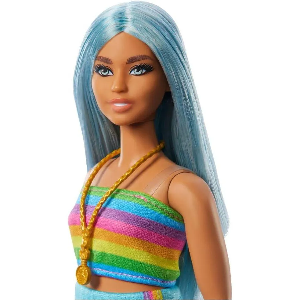 Barbie Fashionistas Doll #218 with Long Blue Hair, Rainbow Top & Teal Skirt, 65th Anniversary Collectible Fashion Doll