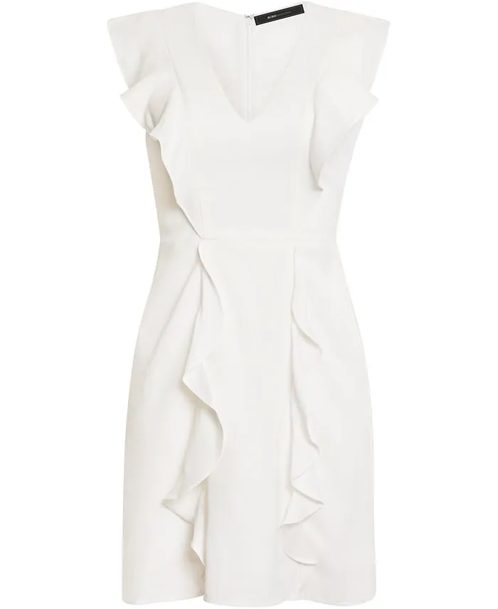 BCBGMAXAZRIA Women's Ruffled Sleeveless V Neck Mini Dress White Size 8