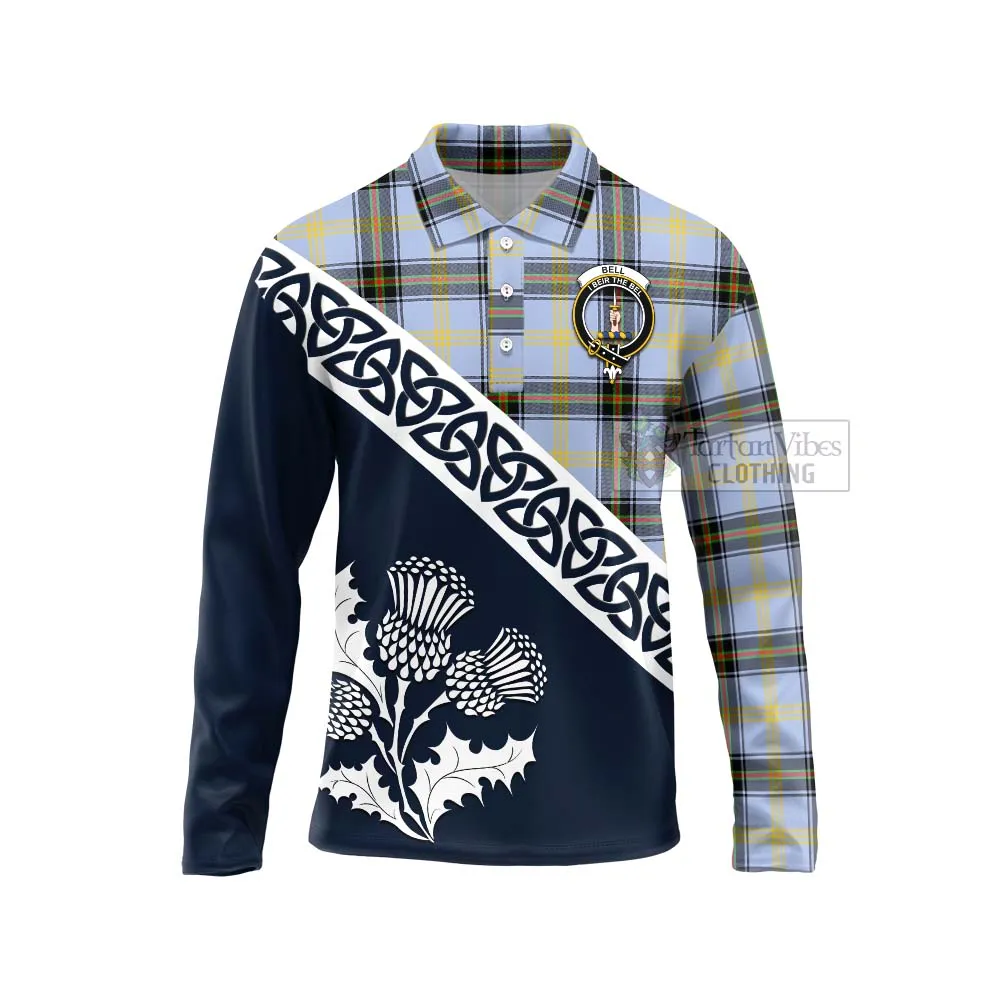 Bell Tartan Long Sleeve Polo Shirt Featuring Thistle and Scotland Map