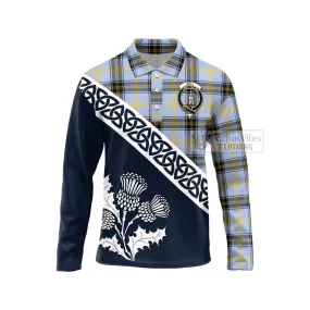 Bell Tartan Long Sleeve Polo Shirt Featuring Thistle and Scotland Map