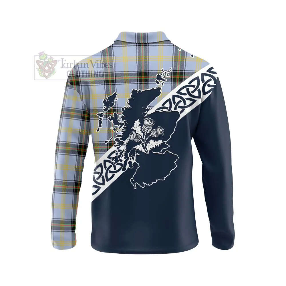 Bell Tartan Long Sleeve Polo Shirt Featuring Thistle and Scotland Map