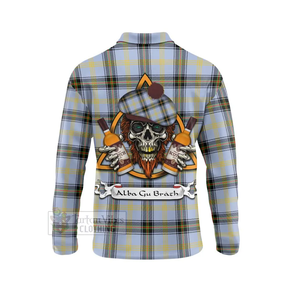 Bell Tartan Long Sleeve Polo Shirt with Family Crest and Bearded Skull Holding Bottles of Whiskey
