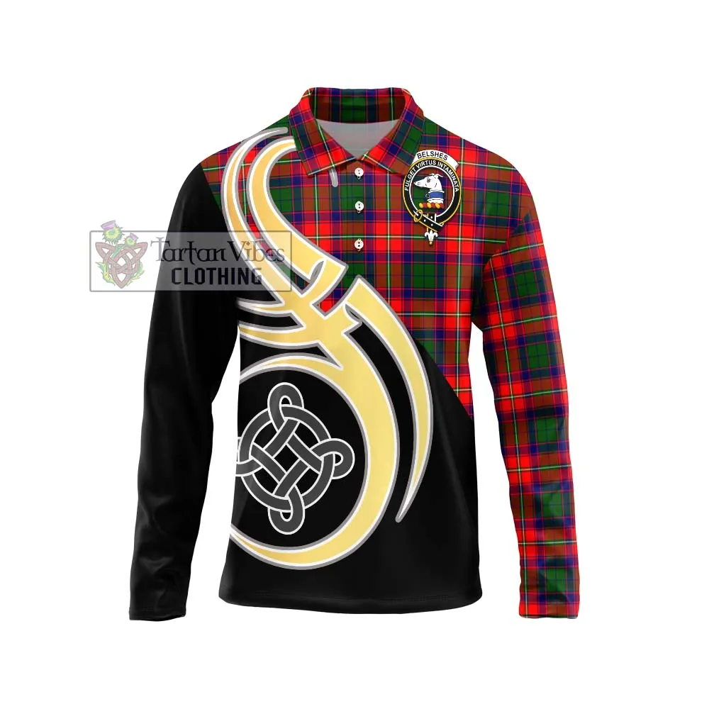 Belshes Tartan Long Sleeve Polo Shirt with Family Crest and Celtic Symbol Style