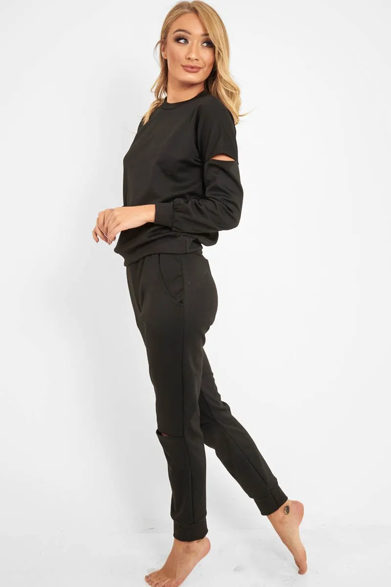 Black Ripped Knee Cut Out Loungewear Set - Demmi