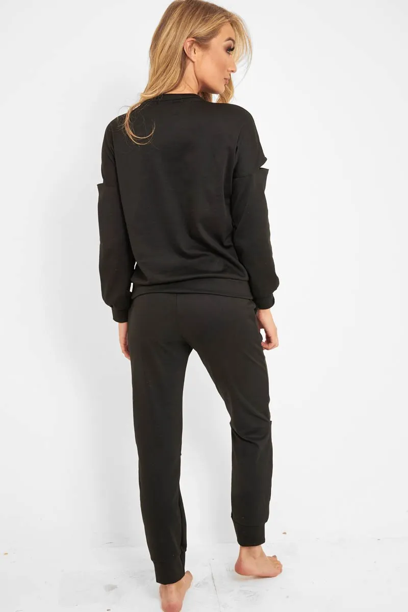 Black Ripped Knee Cut Out Loungewear Set - Demmi