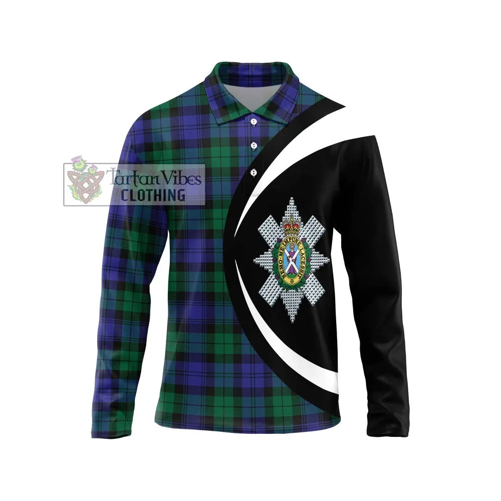 Black Watch Modern Tartan Long Sleeve Polo Shirt with Family Crest Circle Style