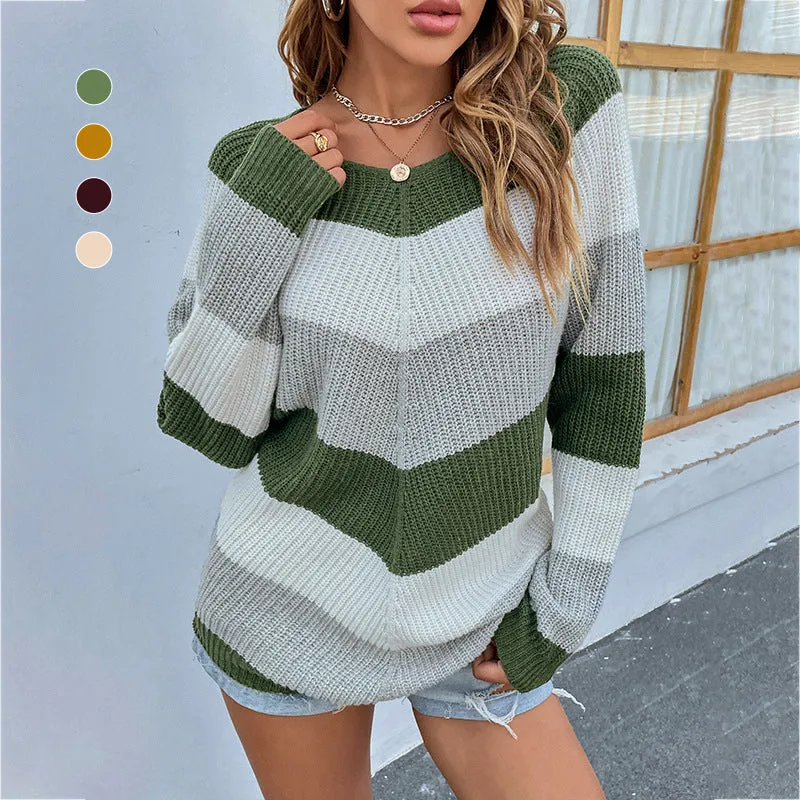 Color Block Striped Round Neck Knit Jumper Sweater