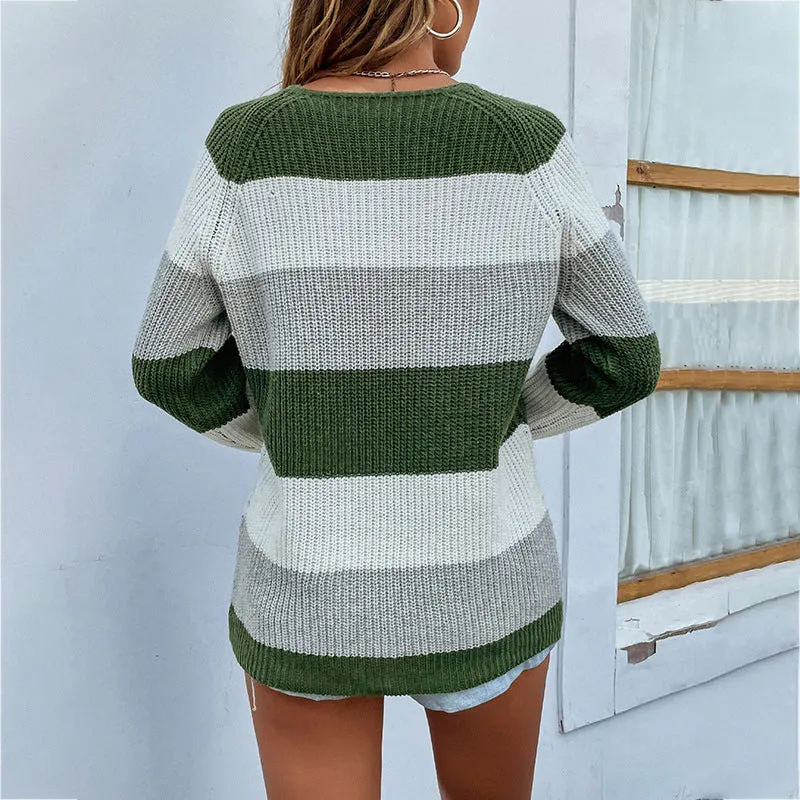 Color Block Striped Round Neck Knit Jumper Sweater