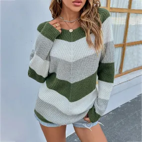 Color Block Striped Round Neck Knit Jumper Sweater