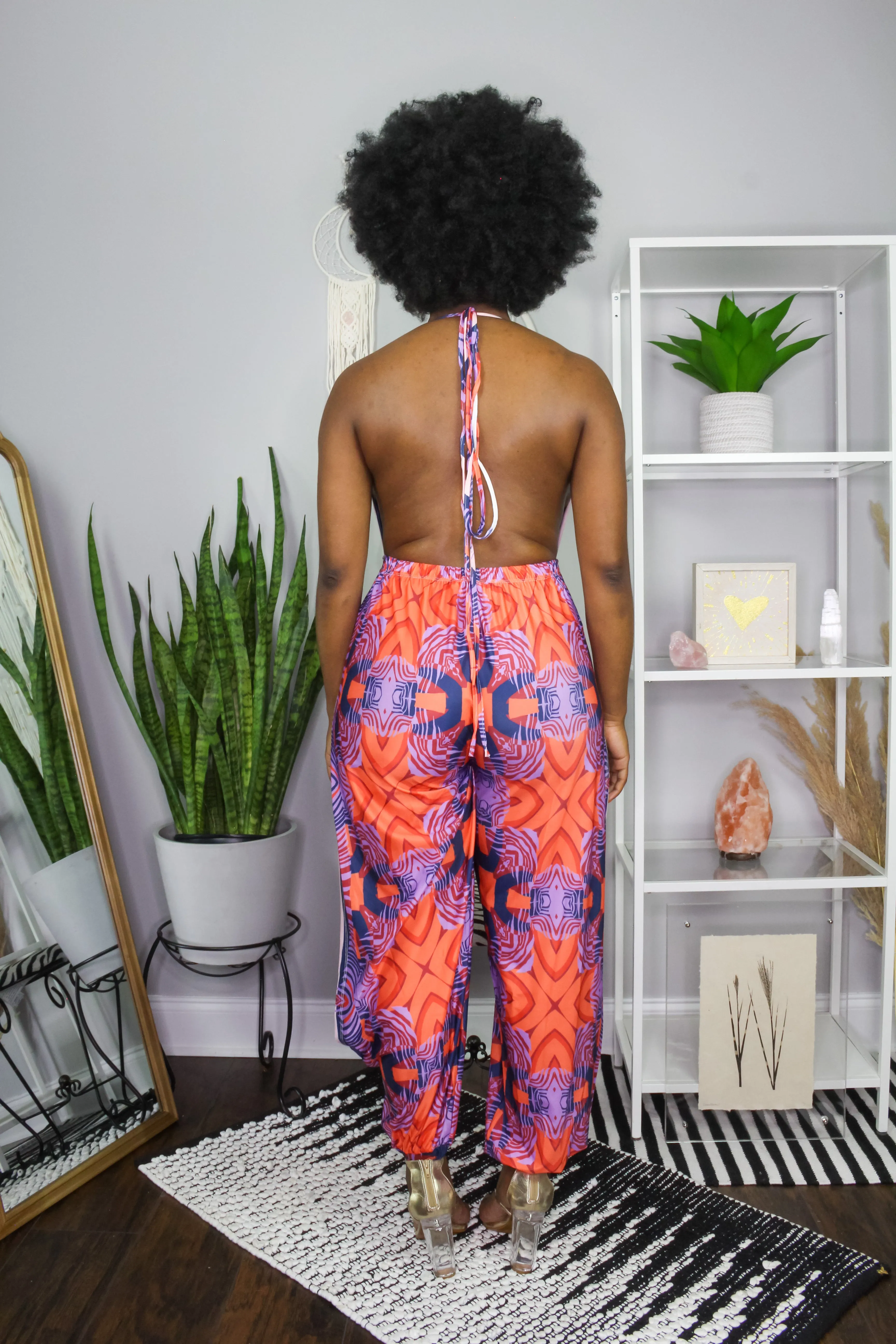 Cowl Neck Handkerchief Print Backless Jumper