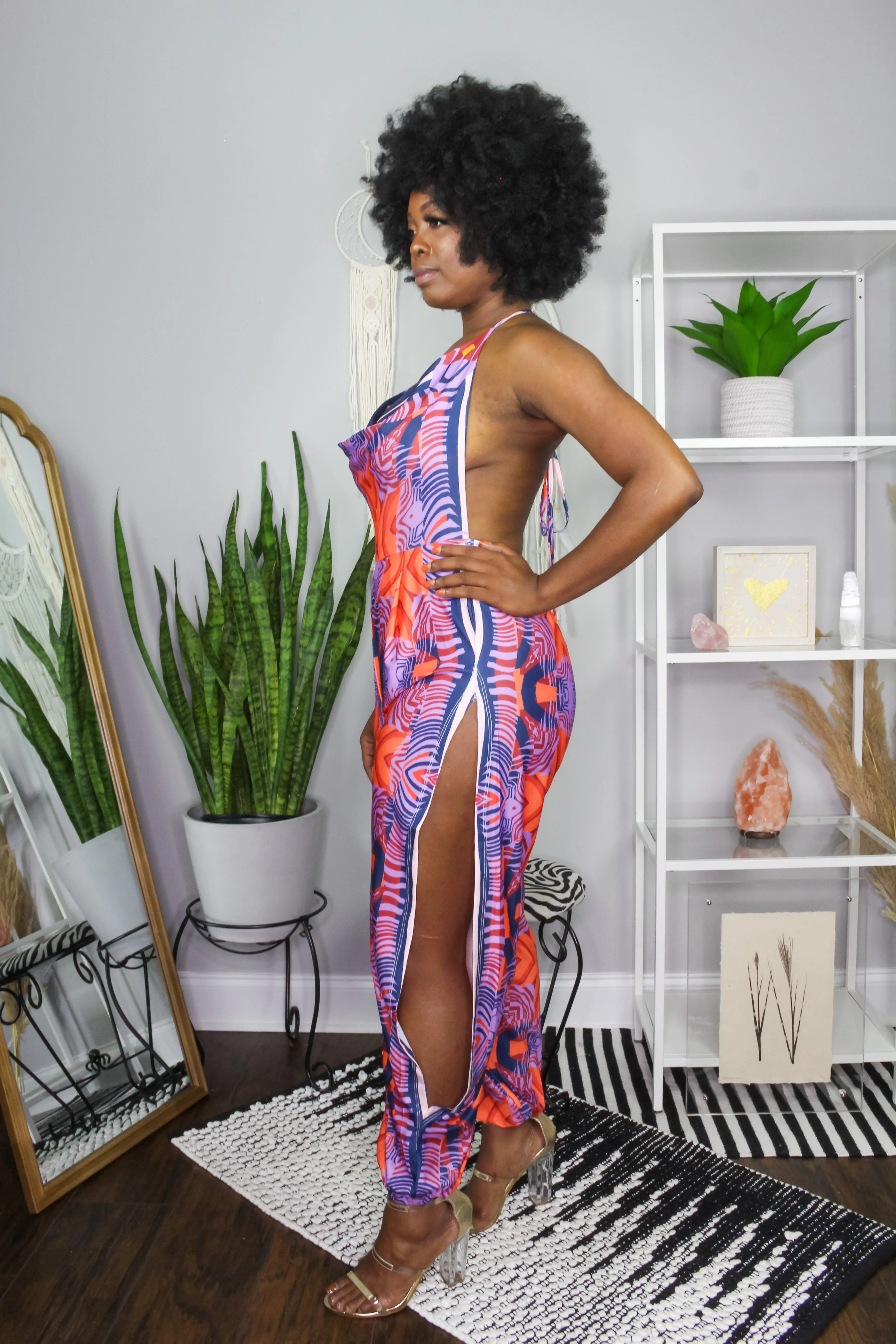 Cowl Neck Handkerchief Print Backless Jumper