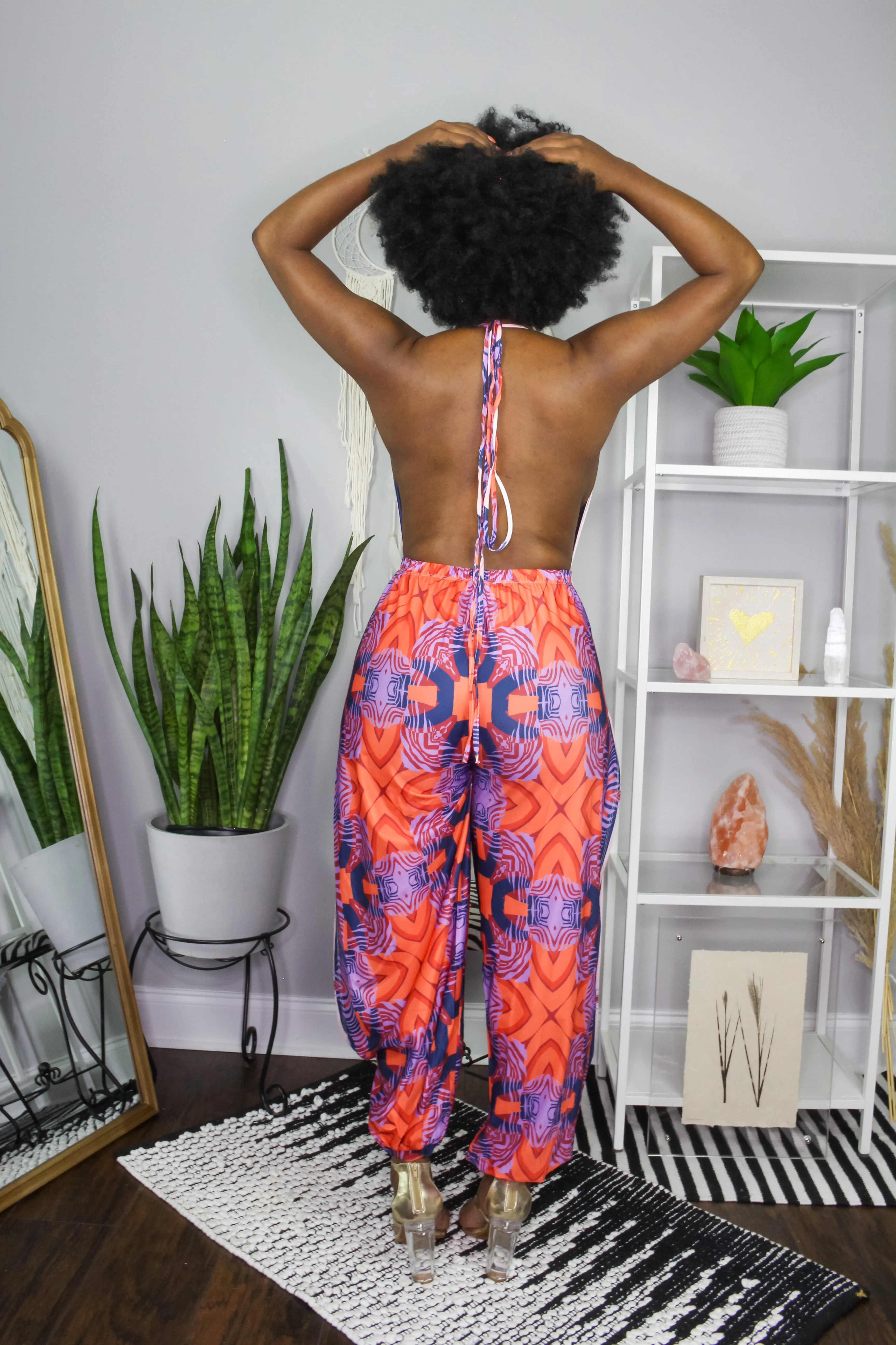 Cowl Neck Handkerchief Print Backless Jumper