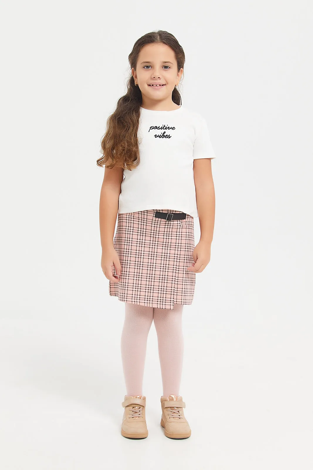 Girls Pink And White Check Skirt With White Rib Top Set (2 Piece)