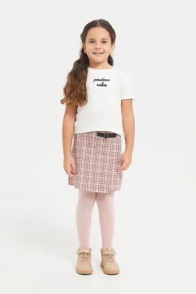 Girls Pink And White Check Skirt With White Rib Top Set (2 Piece)