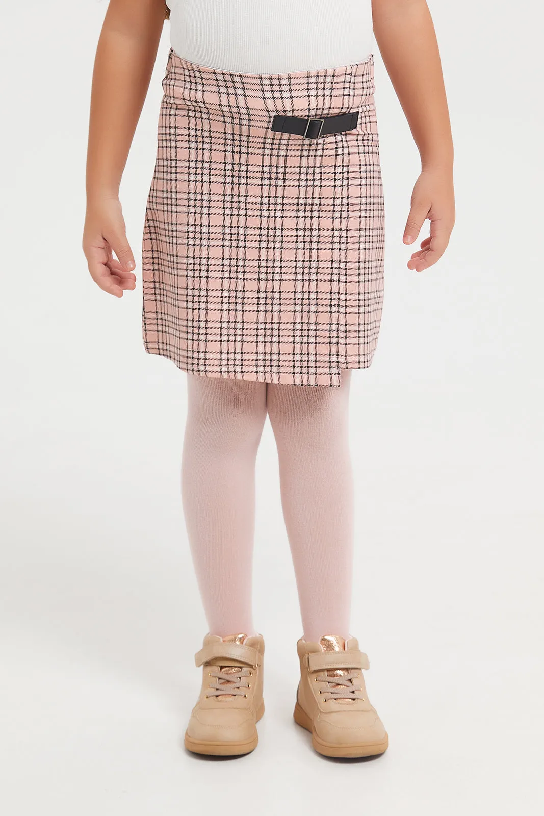 Girls Pink And White Check Skirt With White Rib Top Set (2 Piece)