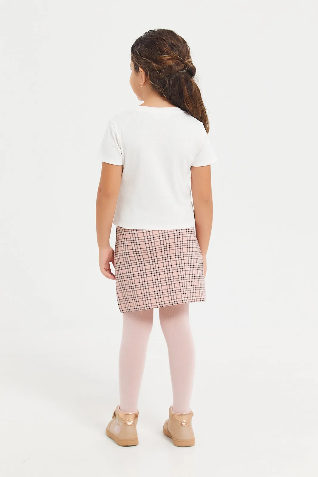 Girls Pink And White Check Skirt With White Rib Top Set (2 Piece)