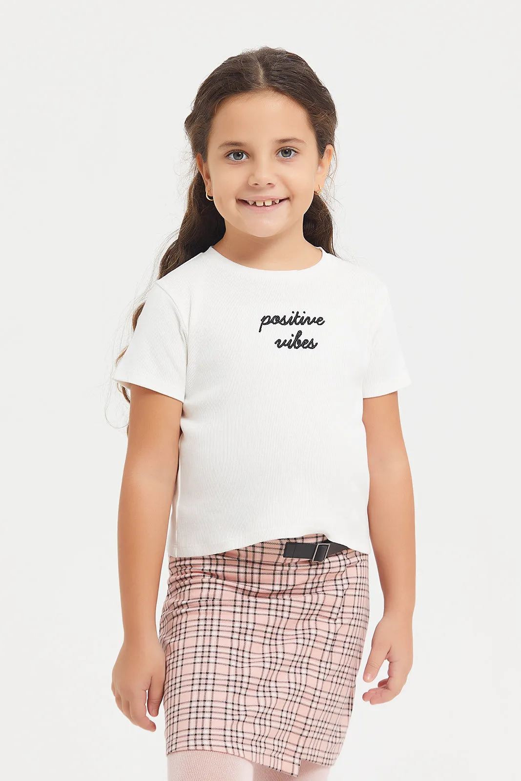Girls Pink And White Check Skirt With White Rib Top Set (2 Piece)