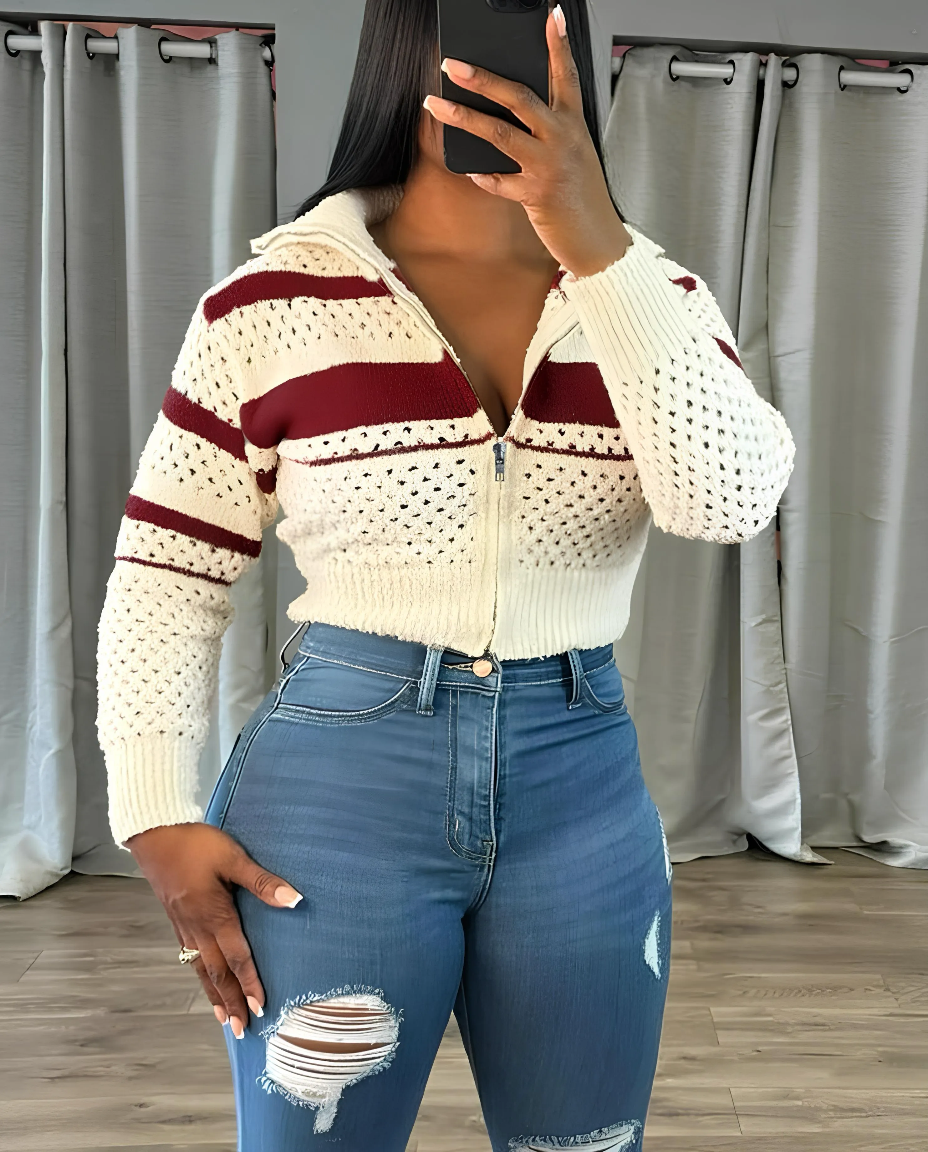 Hollow Stripe Crochet Crop Sweater – Y2K Full Sleeve Zip Knit Jacket