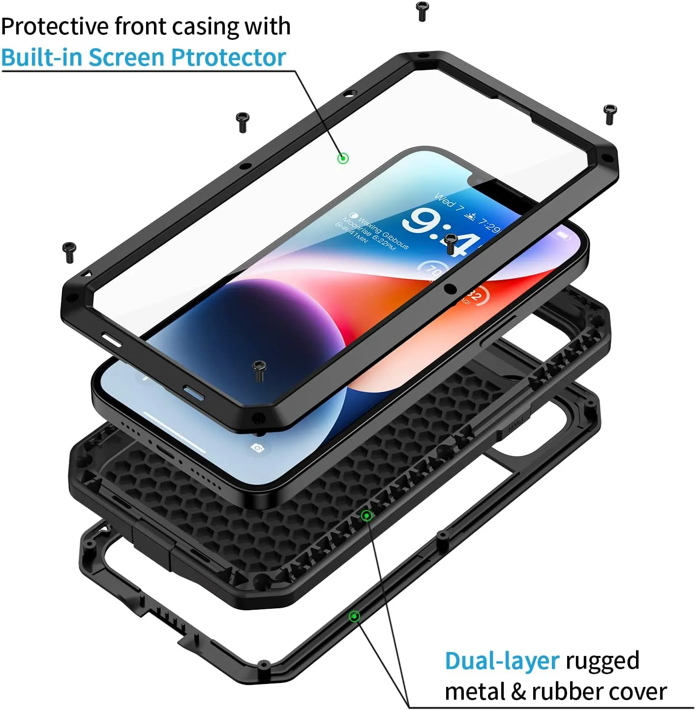 iPhone 14 Metal Case, Heavy Duty Shockproof  Rugged Case  Black