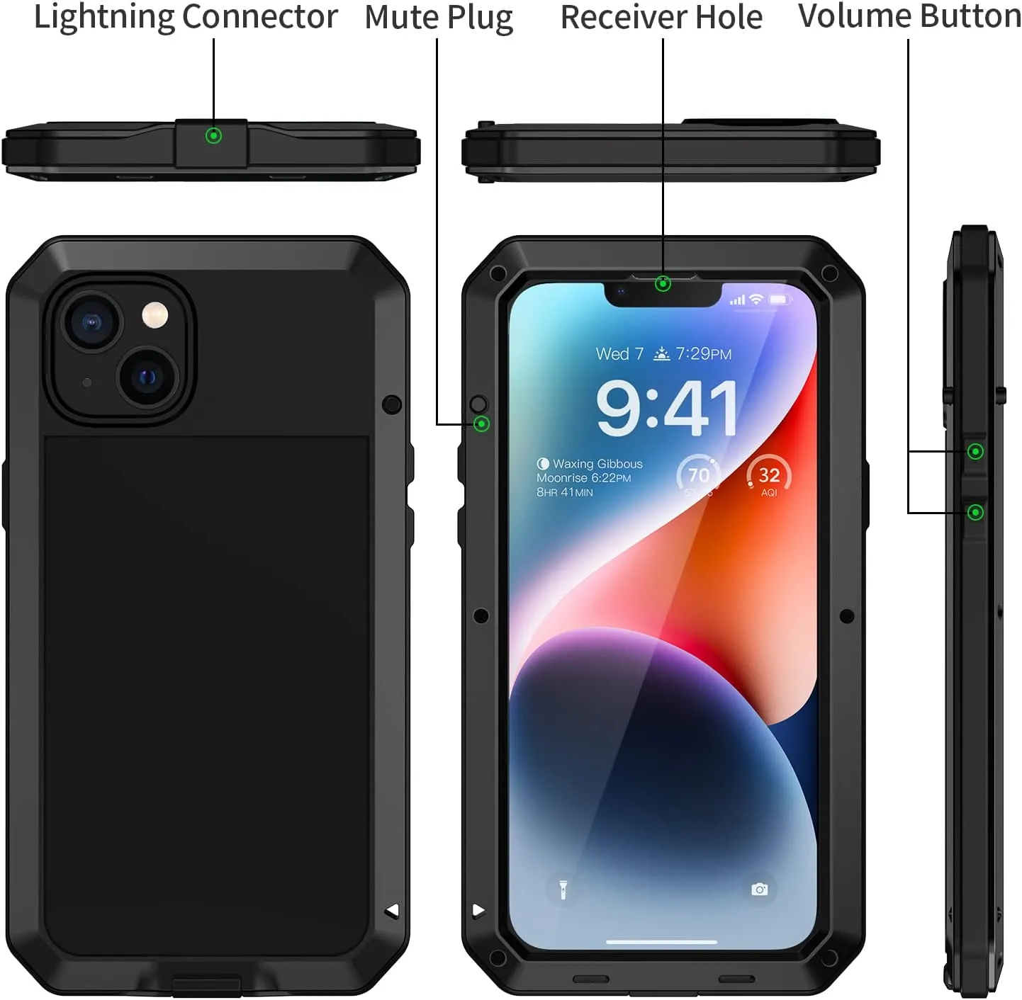 iPhone 14 Metal Case, Heavy Duty Shockproof  Rugged Case  Black