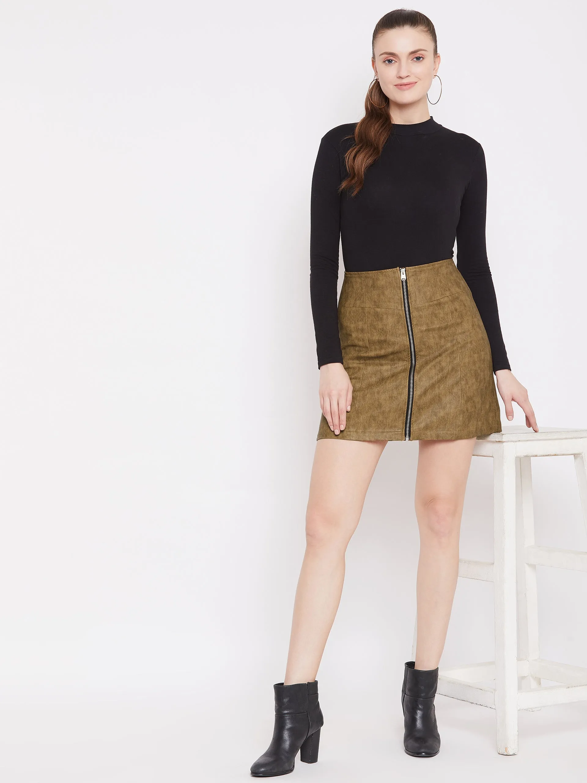 JUMP USA Women tan Lether Front zip mini Skirt