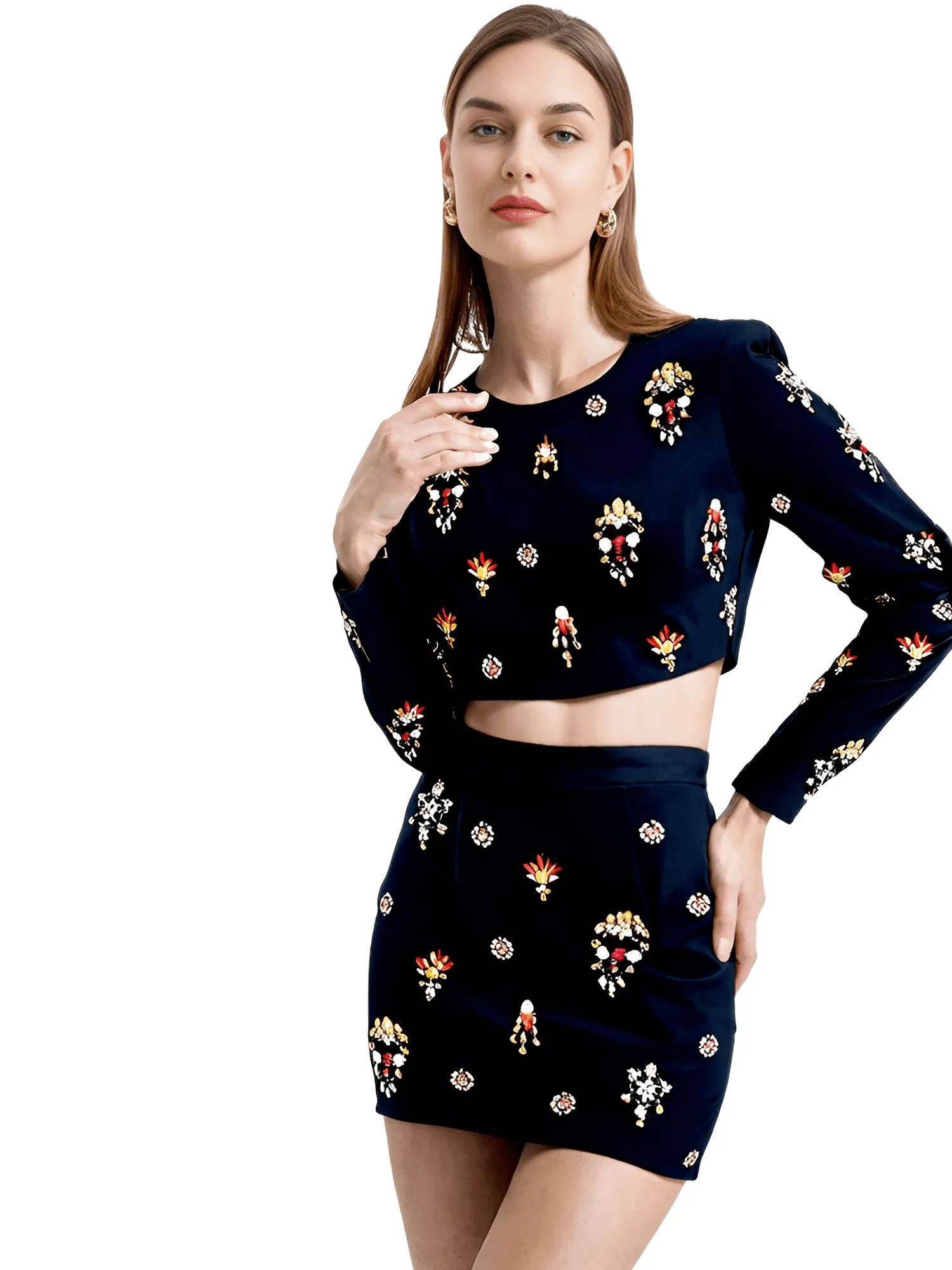 Luxury Colorful Diamond Beaded Long Sleeve Black Short Top   Skirt Two-Piece Set