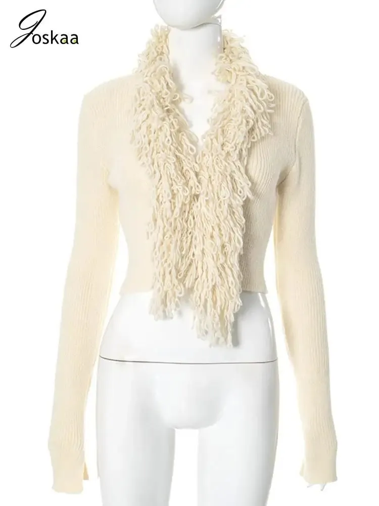 LVSANW Joskaa Fashion Tassel Collar Knitted Cardigan Women Hipster V-Neck Full Sleeve Crop Sweater Coats Winter Outwear Y2K Streetwear