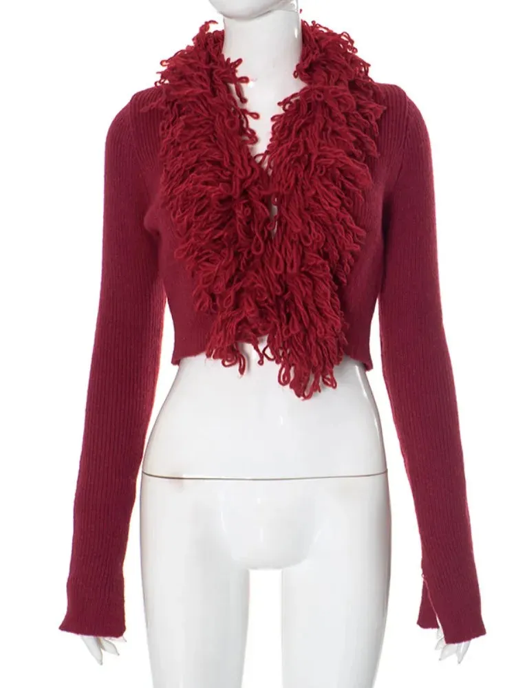 LVSANW Joskaa Fashion Tassel Collar Knitted Cardigan Women Hipster V-Neck Full Sleeve Crop Sweater Coats Winter Outwear Y2K Streetwear
