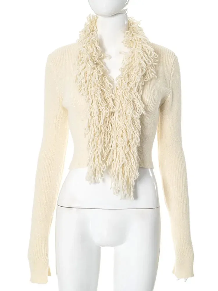 LVSANW Joskaa Fashion Tassel Collar Knitted Cardigan Women Hipster V-Neck Full Sleeve Crop Sweater Coats Winter Outwear Y2K Streetwear