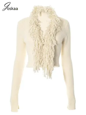 LVSANW Joskaa Fashion Tassel Collar Knitted Cardigan Women Hipster V-Neck Full Sleeve Crop Sweater Coats Winter Outwear Y2K Streetwear