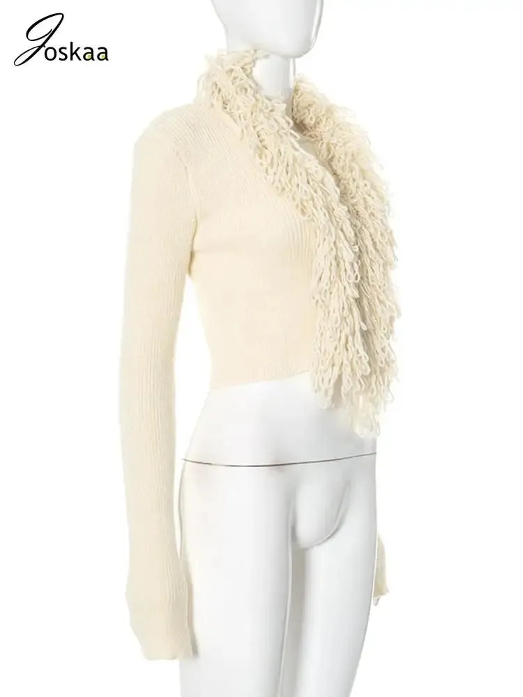 LVSANW Joskaa Fashion Tassel Collar Knitted Cardigan Women Hipster V-Neck Full Sleeve Crop Sweater Coats Winter Outwear Y2K Streetwear