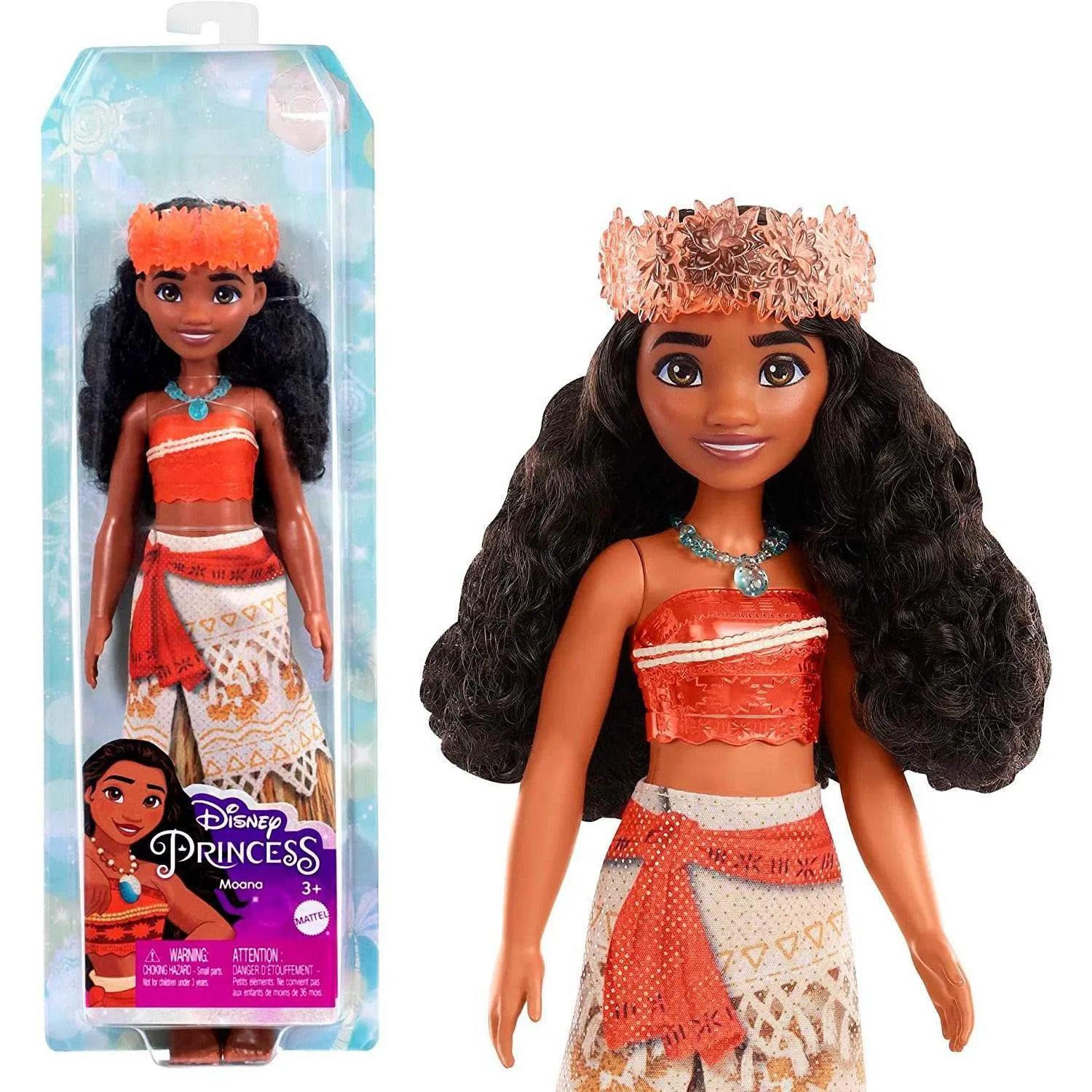 Mattel Disney Princess Moana Fashion Doll, Sparkling Look with Brown Hair, Brown Eyes & Hair Accessory