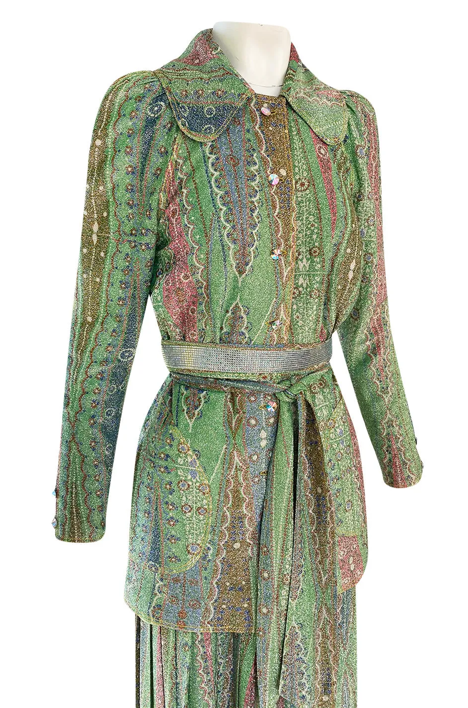 Rare 1973 Bill Gibb Museum Documented Metallic Green Lurex Skirt Top and Jacket Set