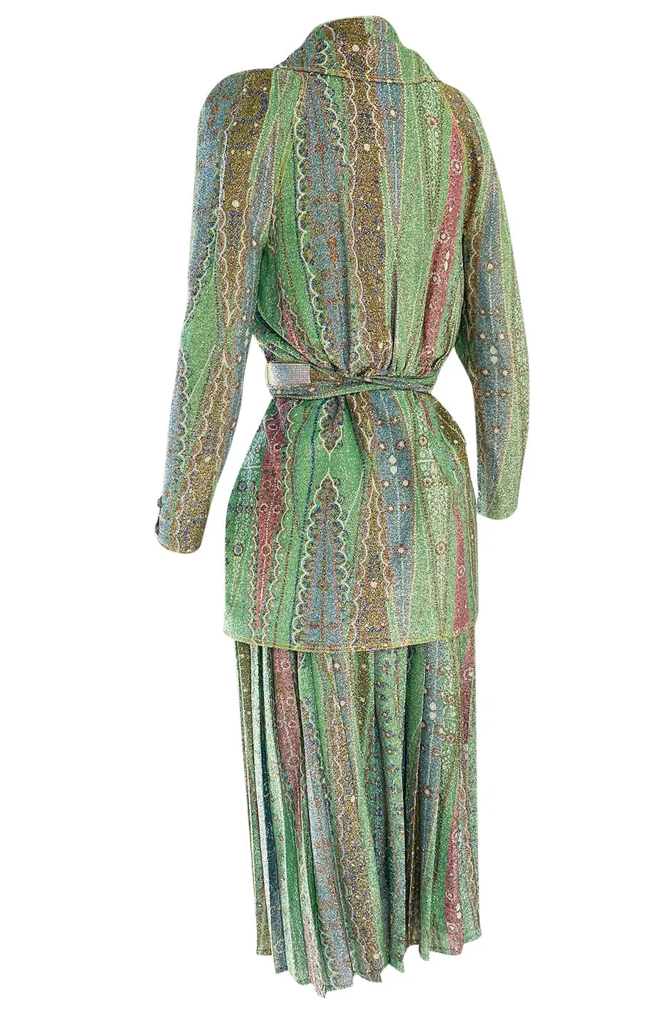 Rare 1973 Bill Gibb Museum Documented Metallic Green Lurex Skirt Top and Jacket Set