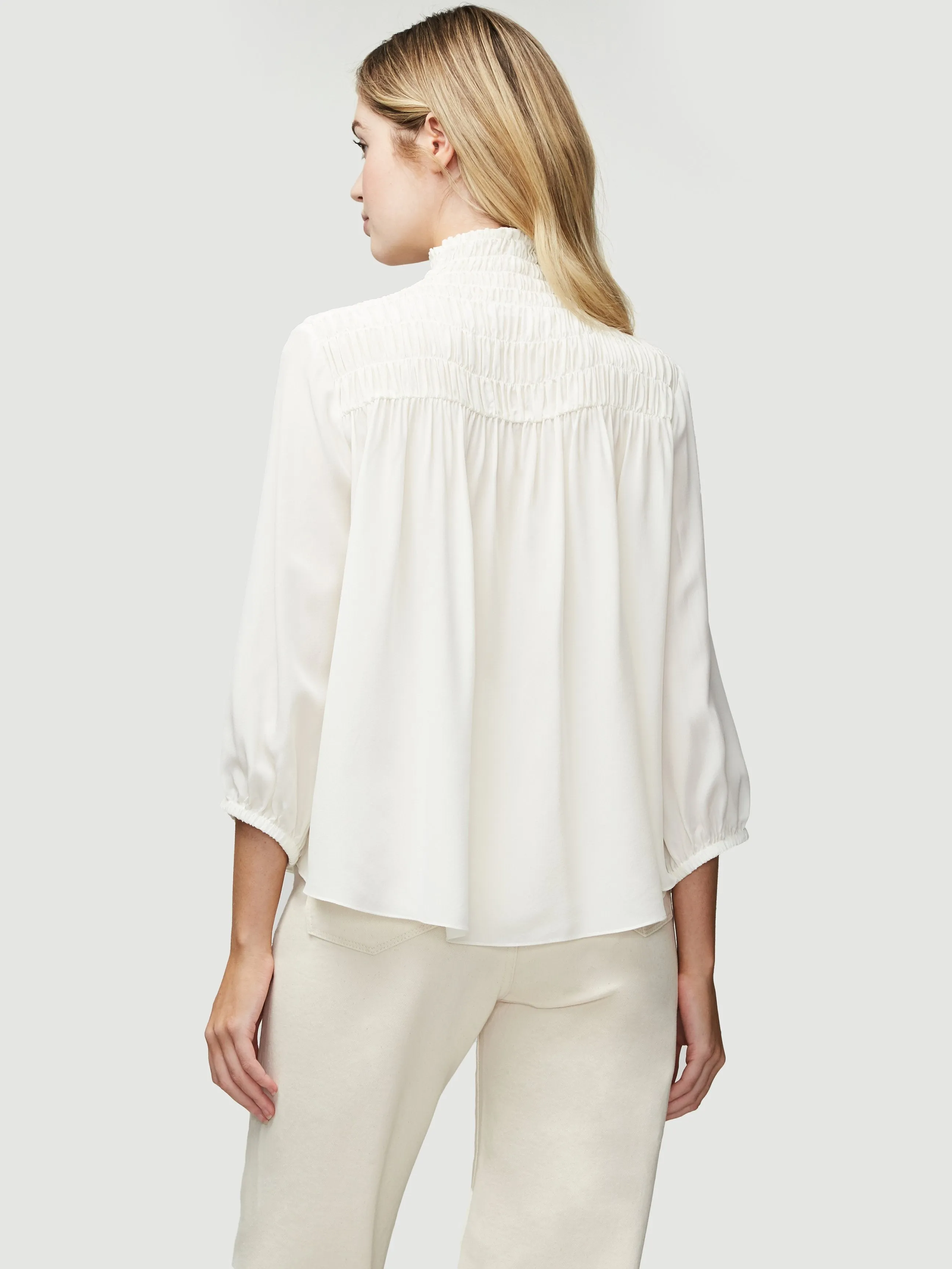Silk Smocked 3/4 Sleeve Blouse -- Off White