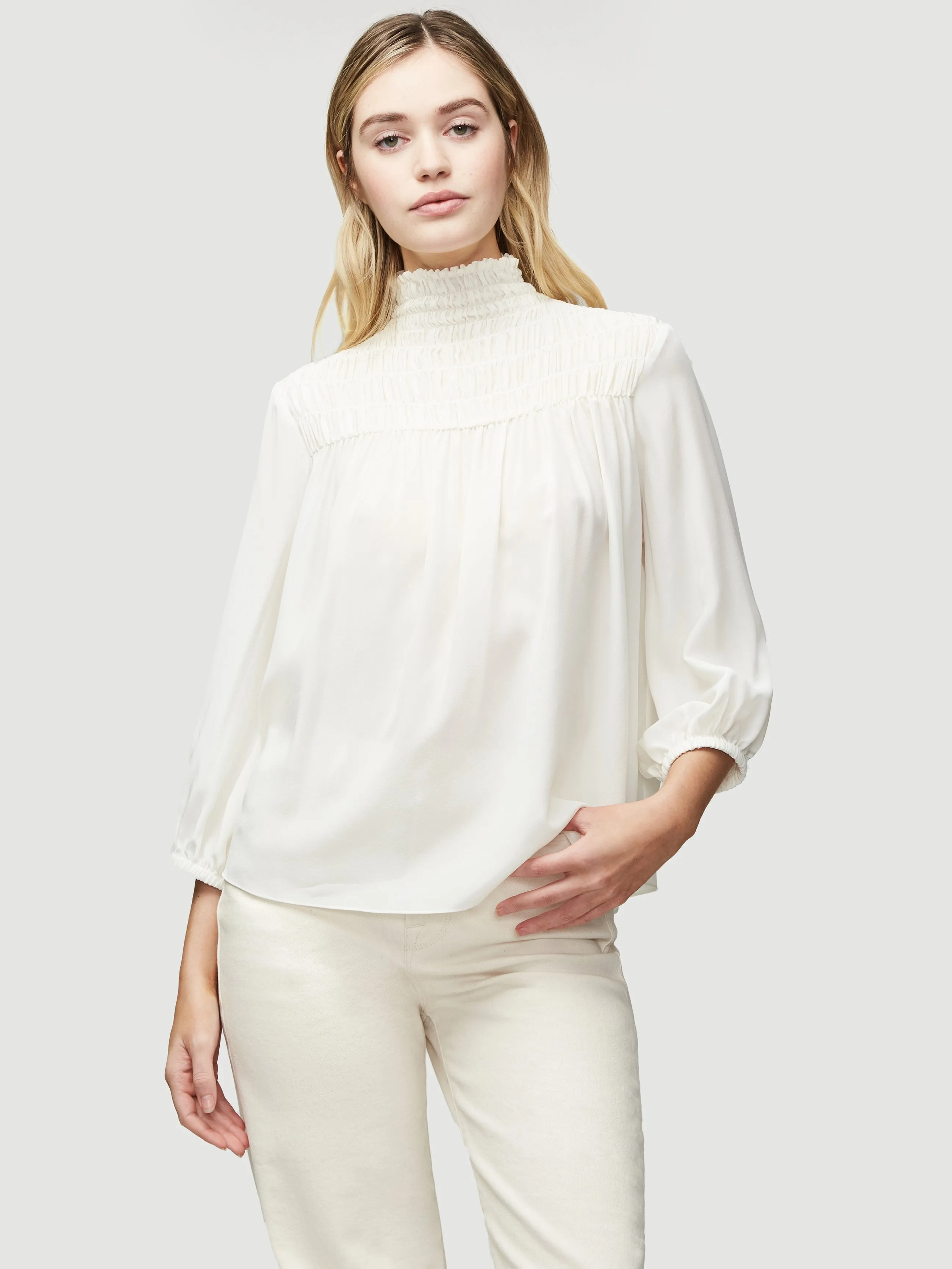 Silk Smocked 3/4 Sleeve Blouse -- Off White