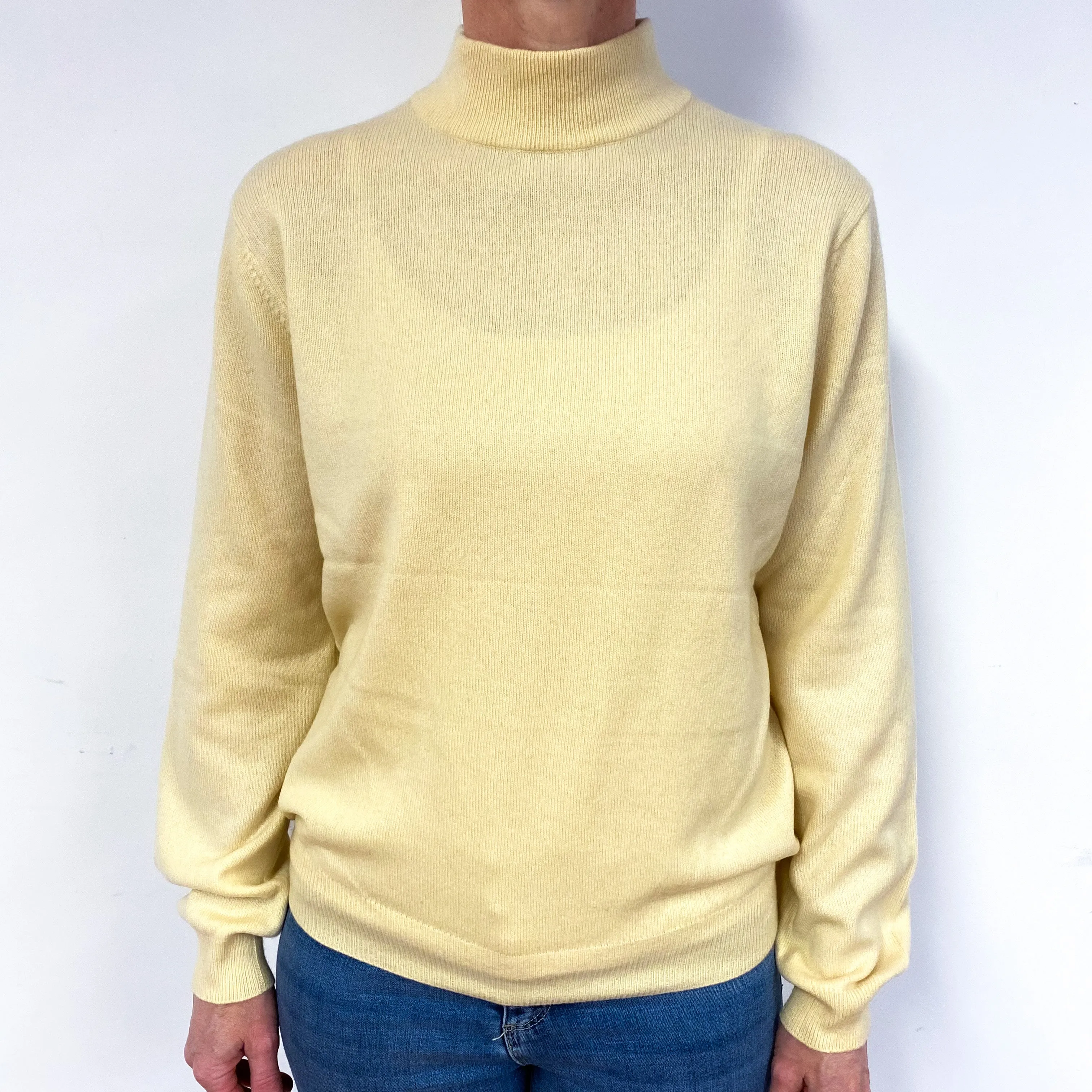 Soft Primrose Yellow Cashmere Polo Neck Jumper Medium