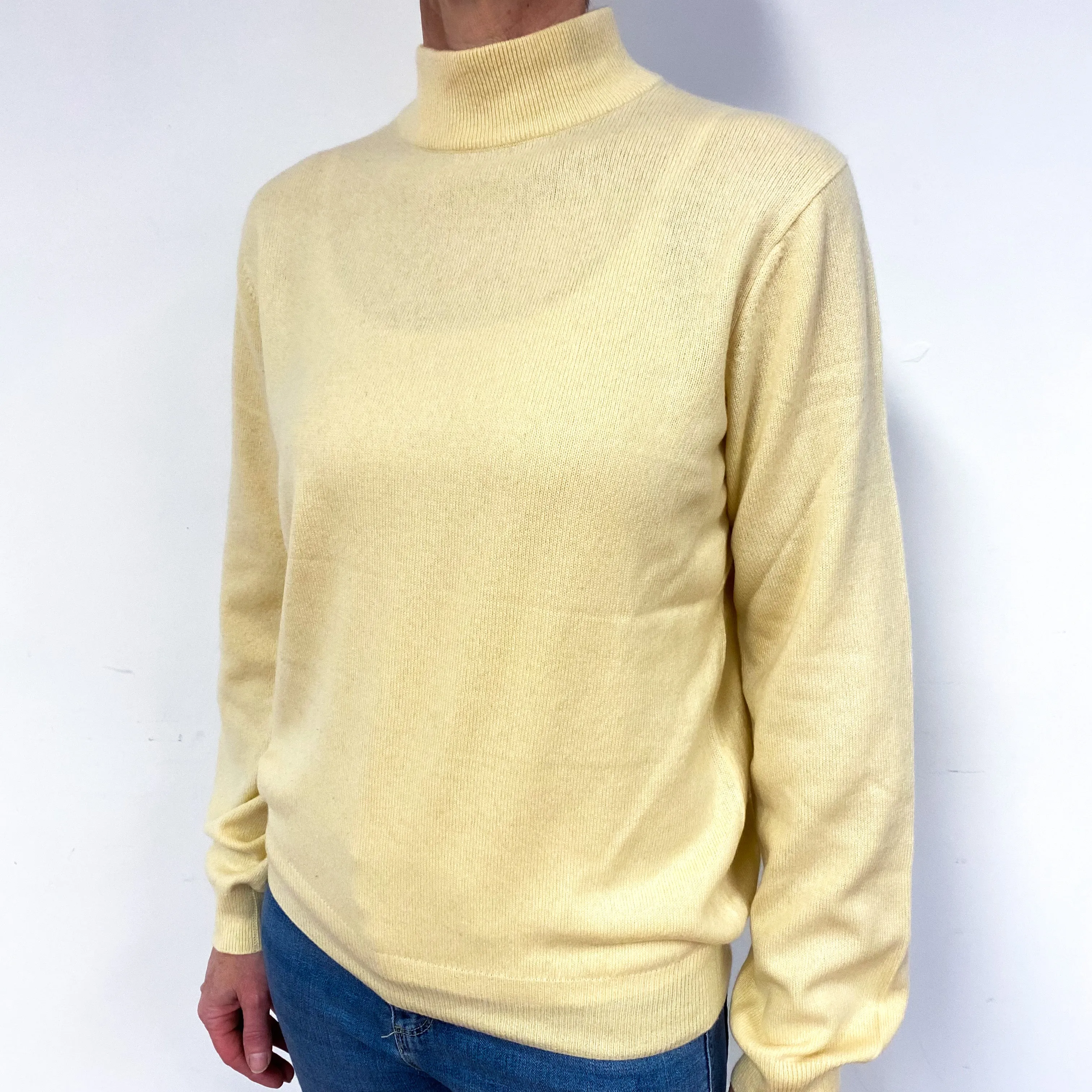 Soft Primrose Yellow Cashmere Polo Neck Jumper Medium