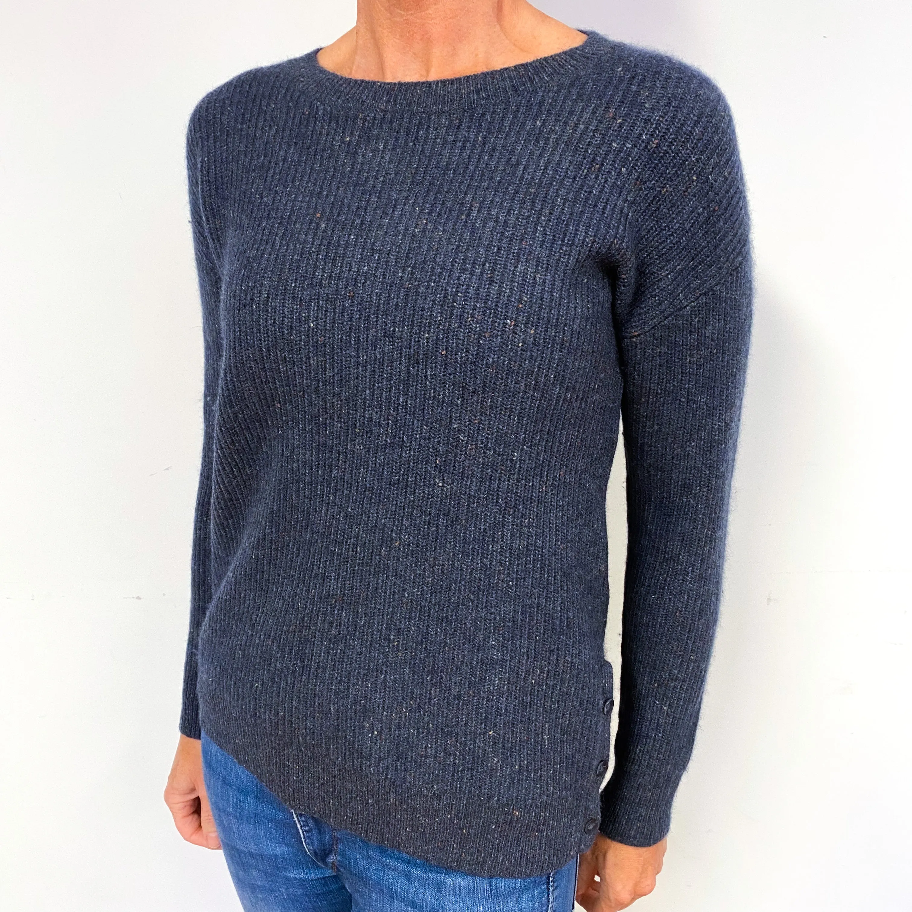 Steel Blue Marl Knit Ribbed Cashmere V-Neck Jumper Medium