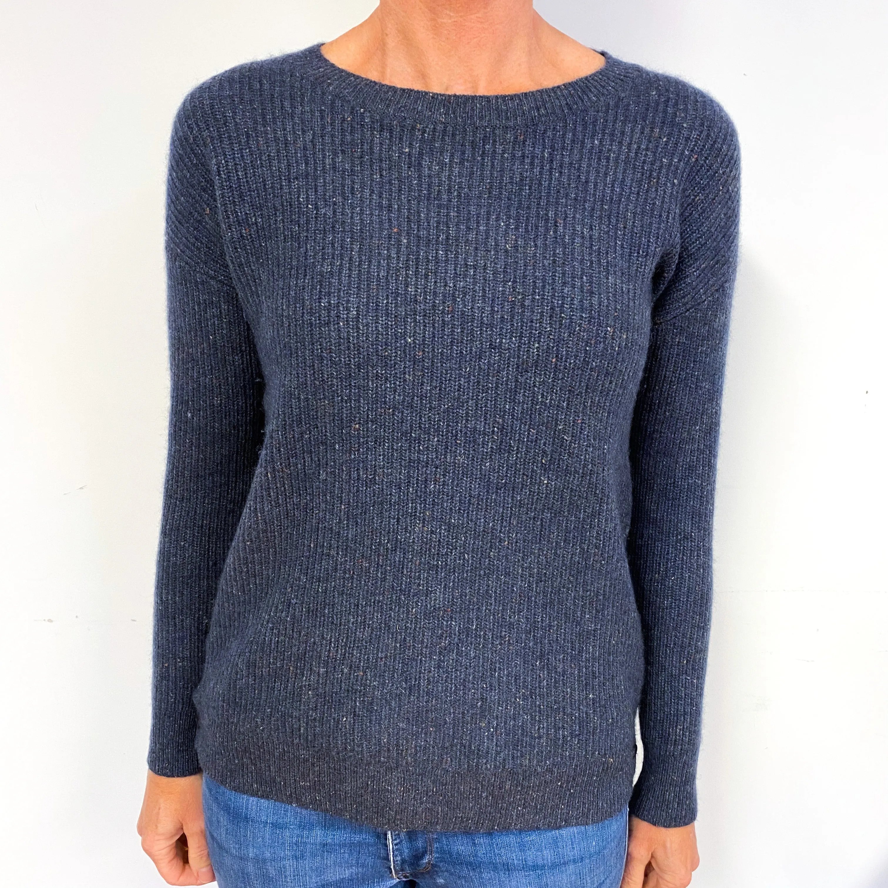 Steel Blue Marl Knit Ribbed Cashmere V-Neck Jumper Medium