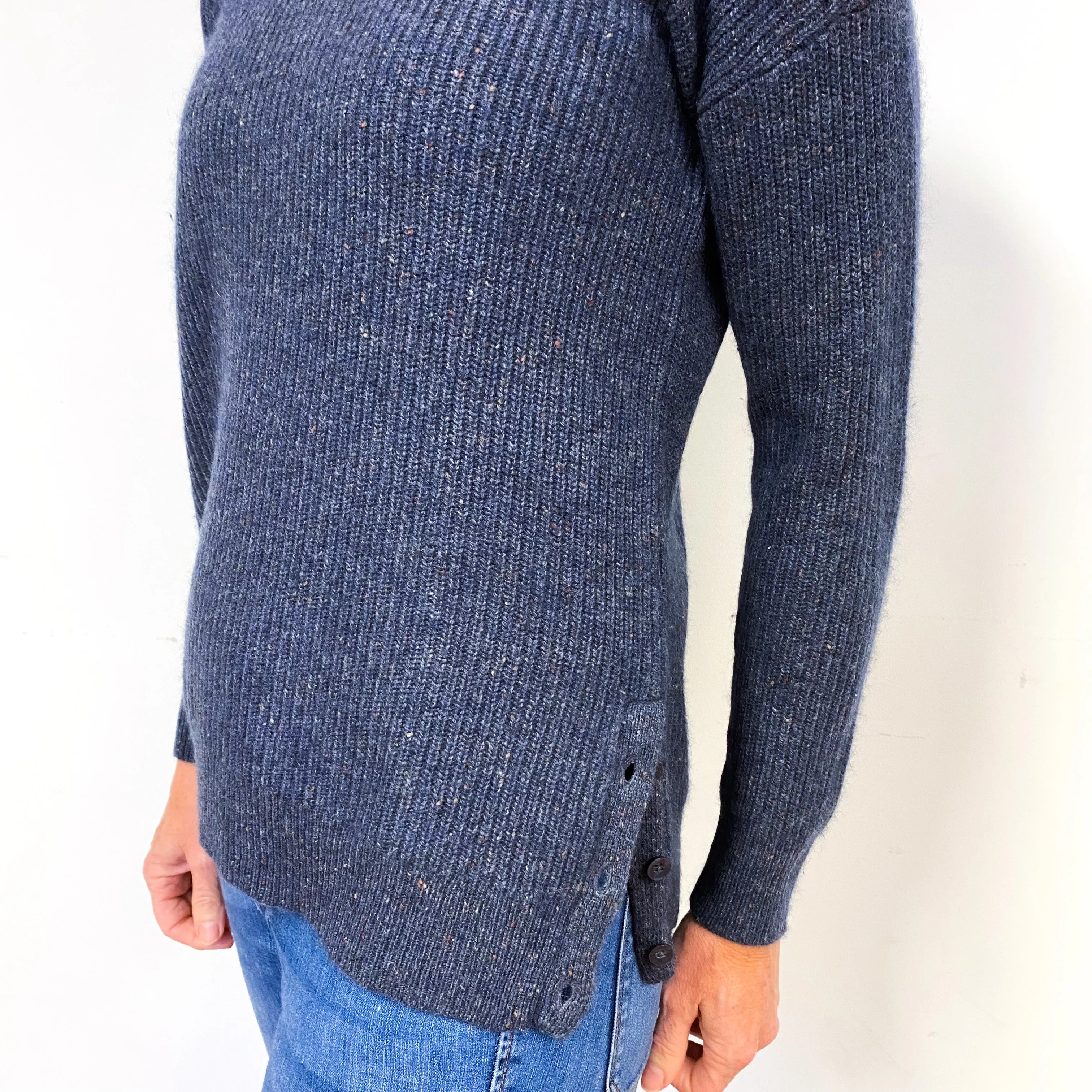 Steel Blue Marl Knit Ribbed Cashmere V-Neck Jumper Medium