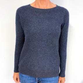 Steel Blue Marl Knit Ribbed Cashmere V-Neck Jumper Medium