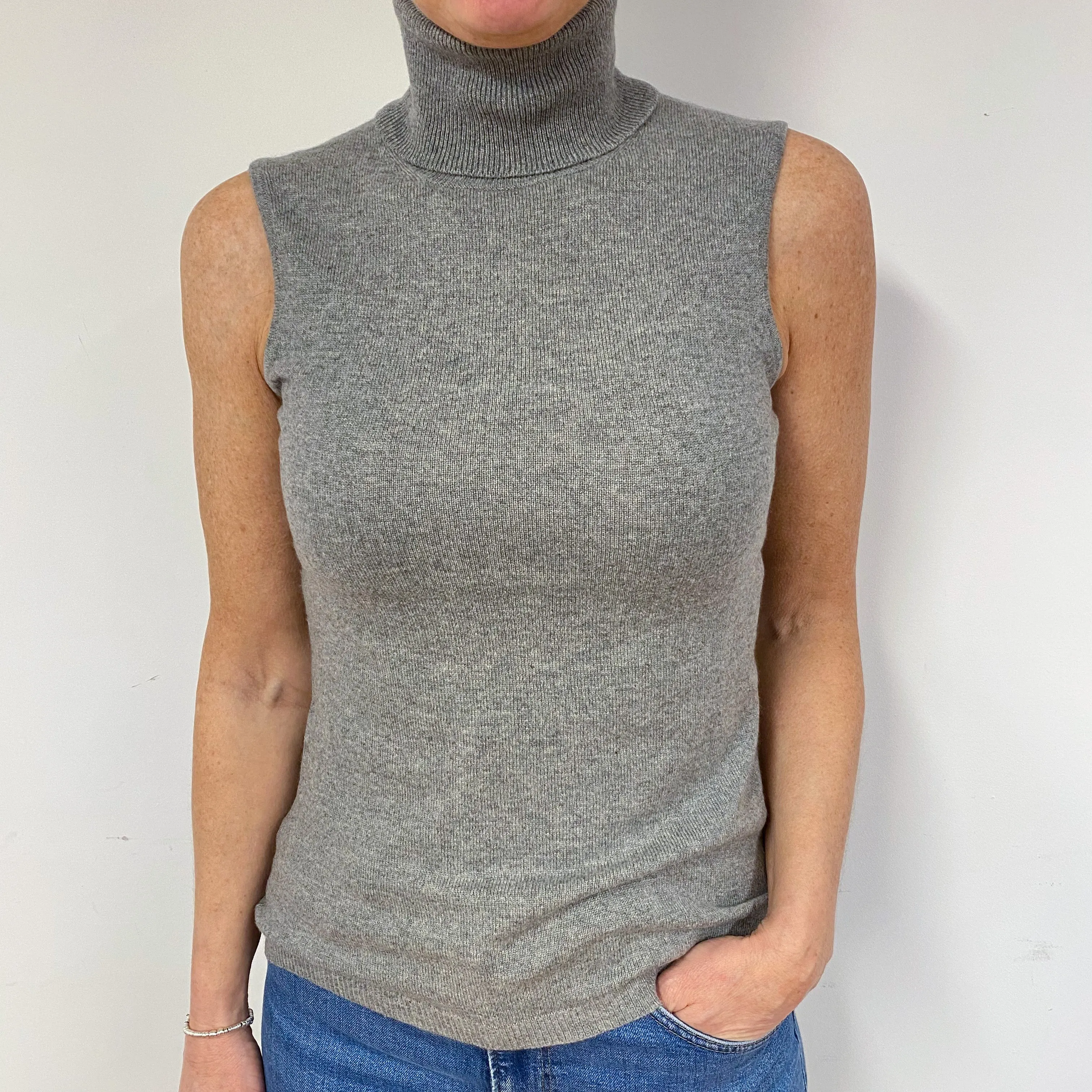 Steel Grey Cashmere Sleeveless Polo Jumper Medium
