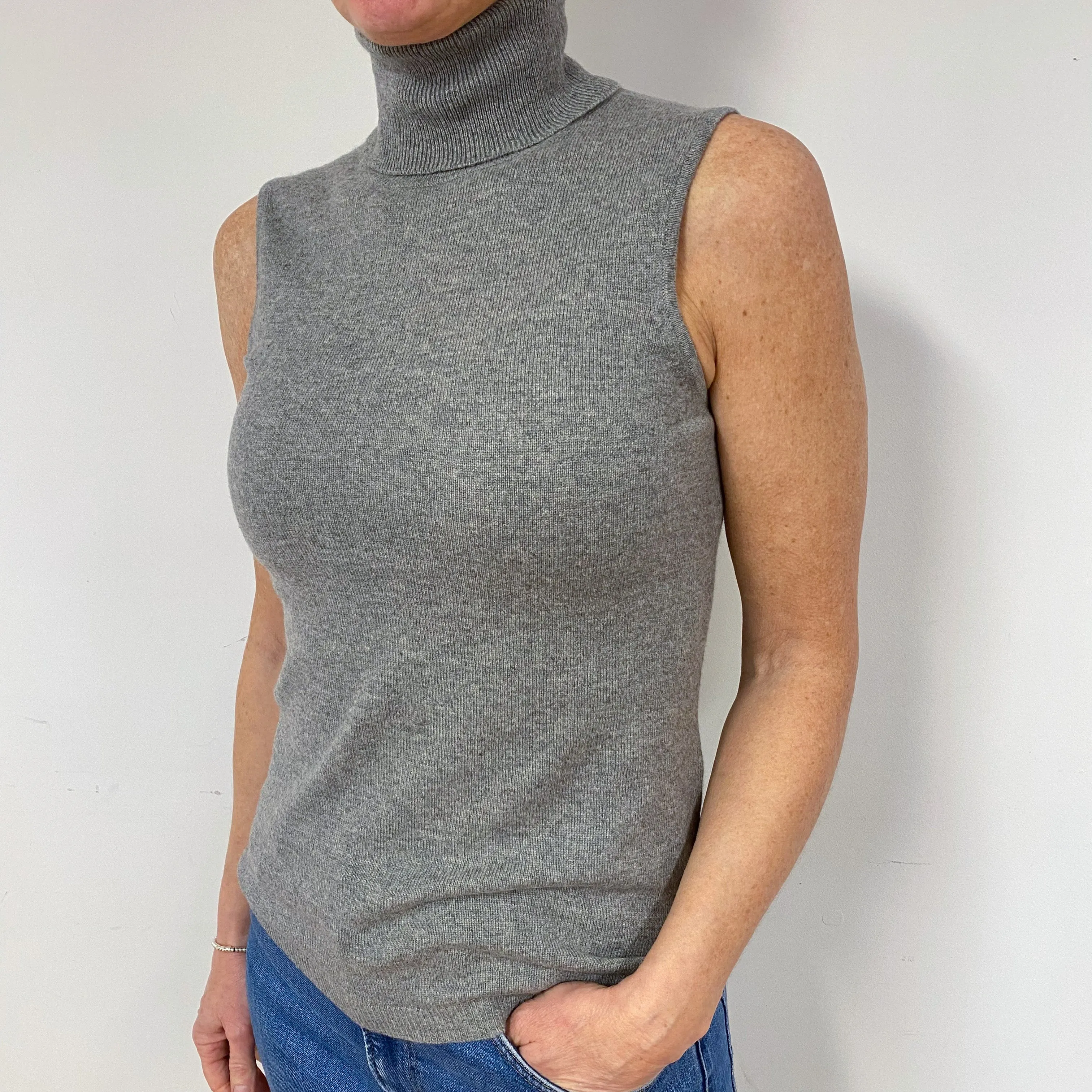 Steel Grey Cashmere Sleeveless Polo Jumper Medium
